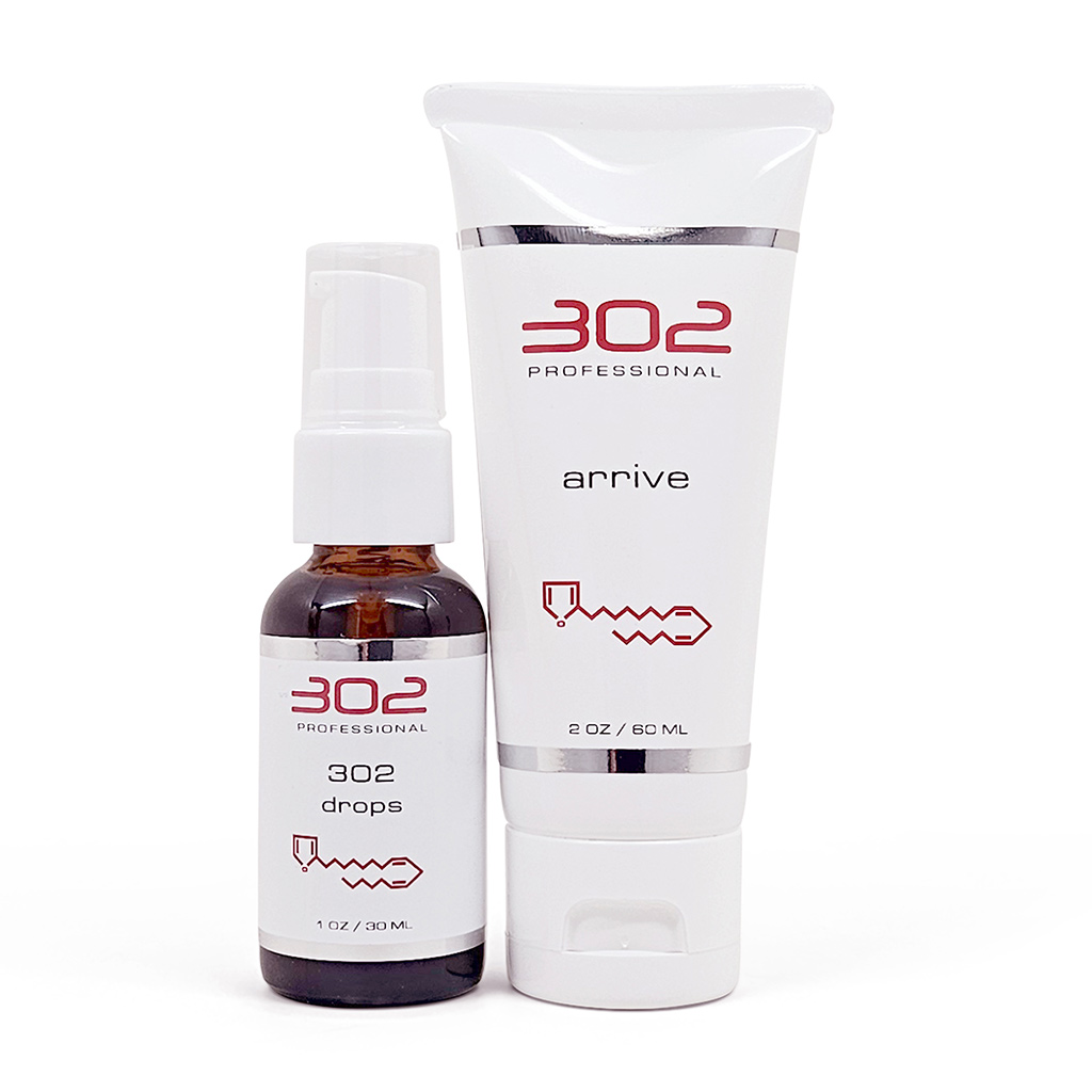 Small brown spray bottle labeled '302 drops' next to a white tube reading '302 Professional Arnive'.