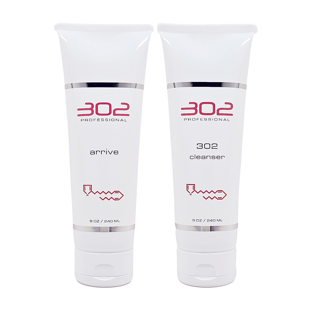 Pair of white 302 Professional haircare tubes labeled 'arrive' and 'cleanser' standing side by side (8 oz / 240 ml each)