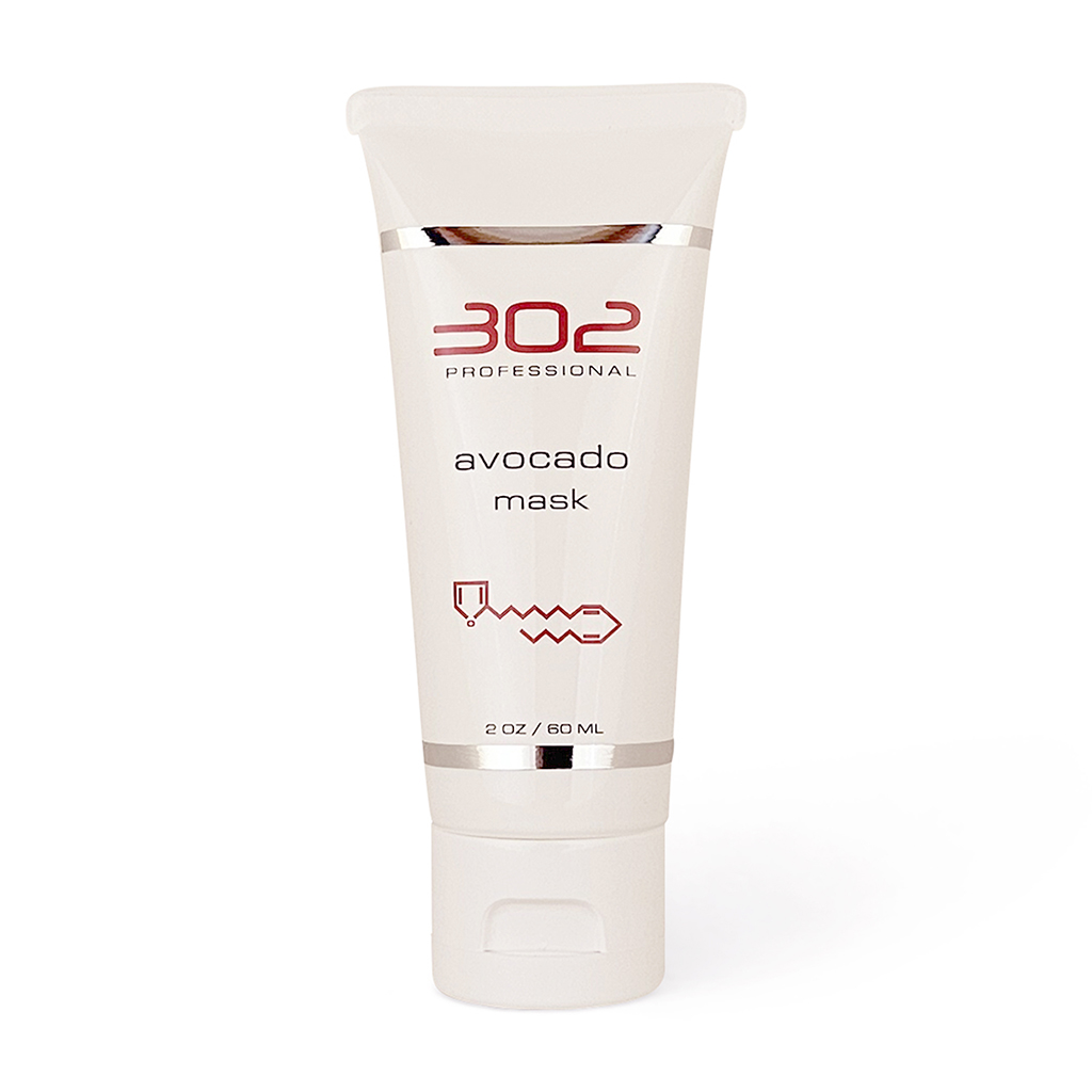 White tube of 302 Professional avocado mask standing upright; labeled 'avocado mask' with subtle chrome band and 2 oz / 60 ml at the bottom edge.