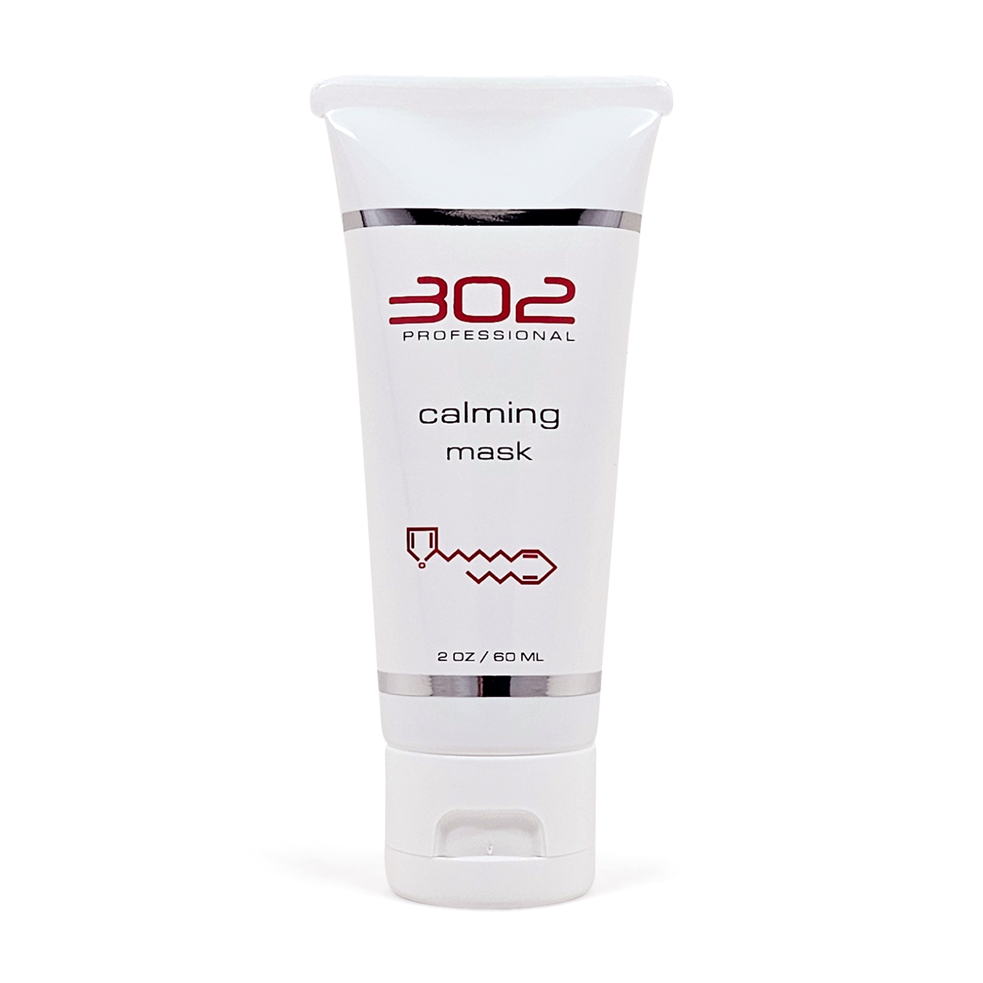 White cosmetic tube with red '302 Professional' logo and 'calming mask' text on the label, showing a silver band and 2 oz / 60 ml at the bottom.