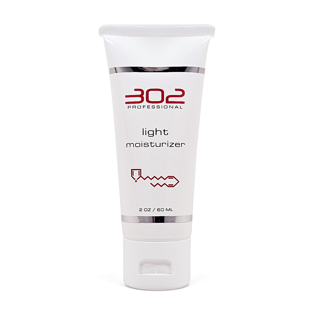 White squeeze tube labeled 302 Professional light moisturizer, 2 oz (60 ml), with a flip-top cap and silver accents.