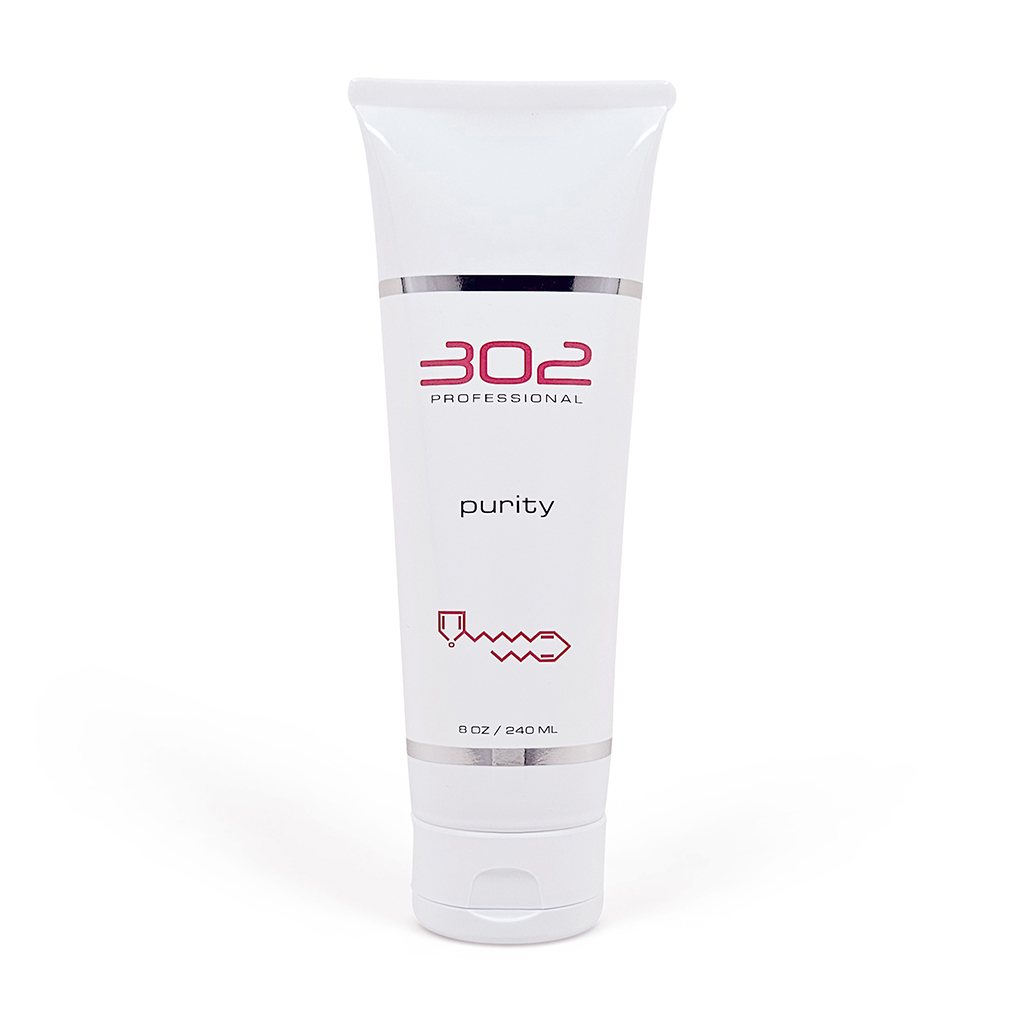 White cosmetic tube with '302 Professional' and 'purity' text, flip-cap bottom, silver bands on the body.
