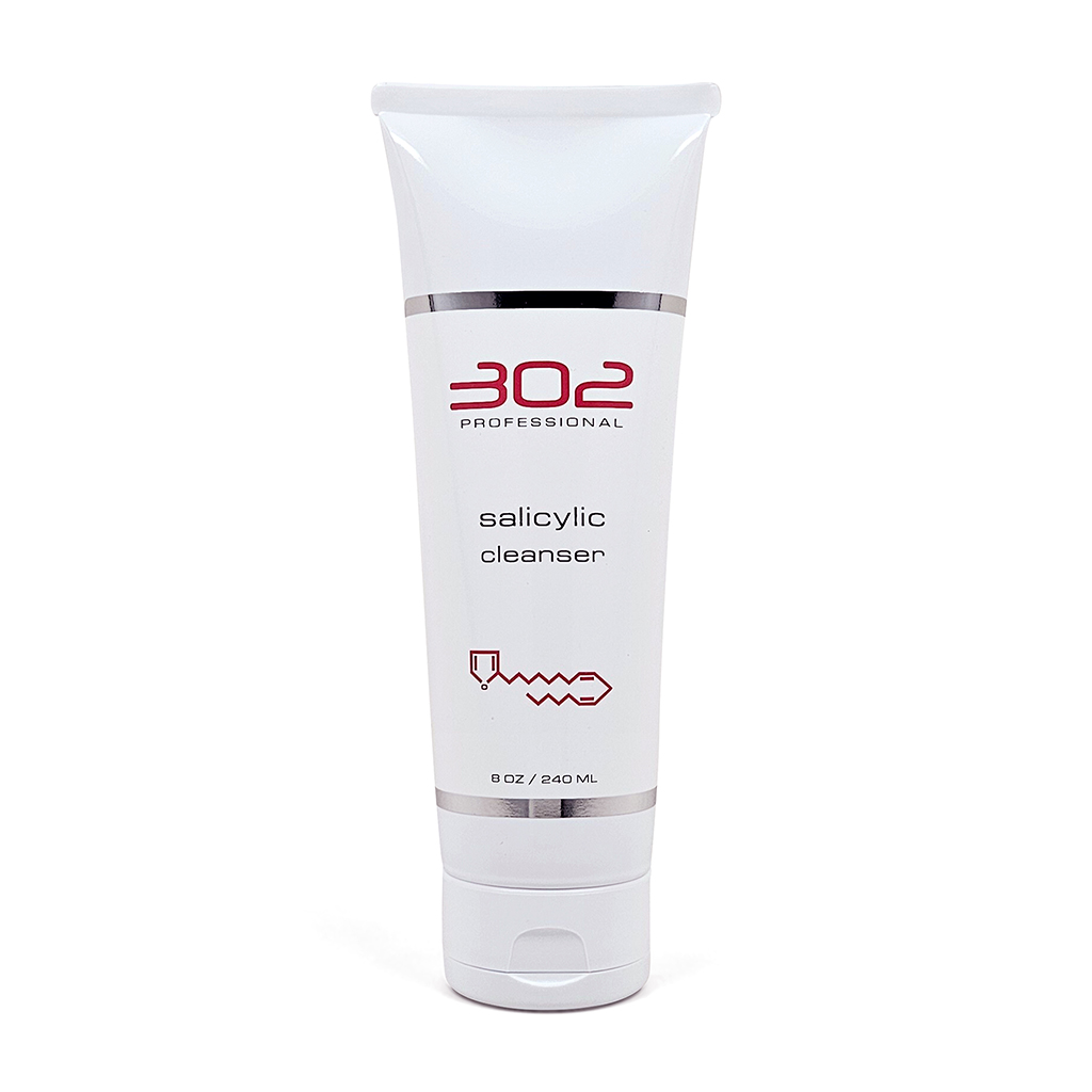 White 302 Professional salicylic cleanser tube, 8 oz (240 ml), with red logo and silver bands on white background.
