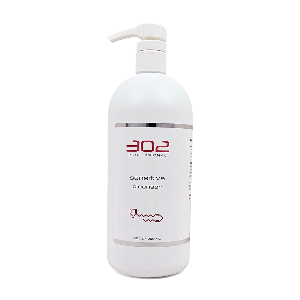 SENSITIVE-CLEANSER-32OZ_1024x1024_72 | 302 Professional Skincare White pump-b bottle labeled '302 Professional' with 'sensitive cleanser' on the front—a cosmetic cleanser bottle