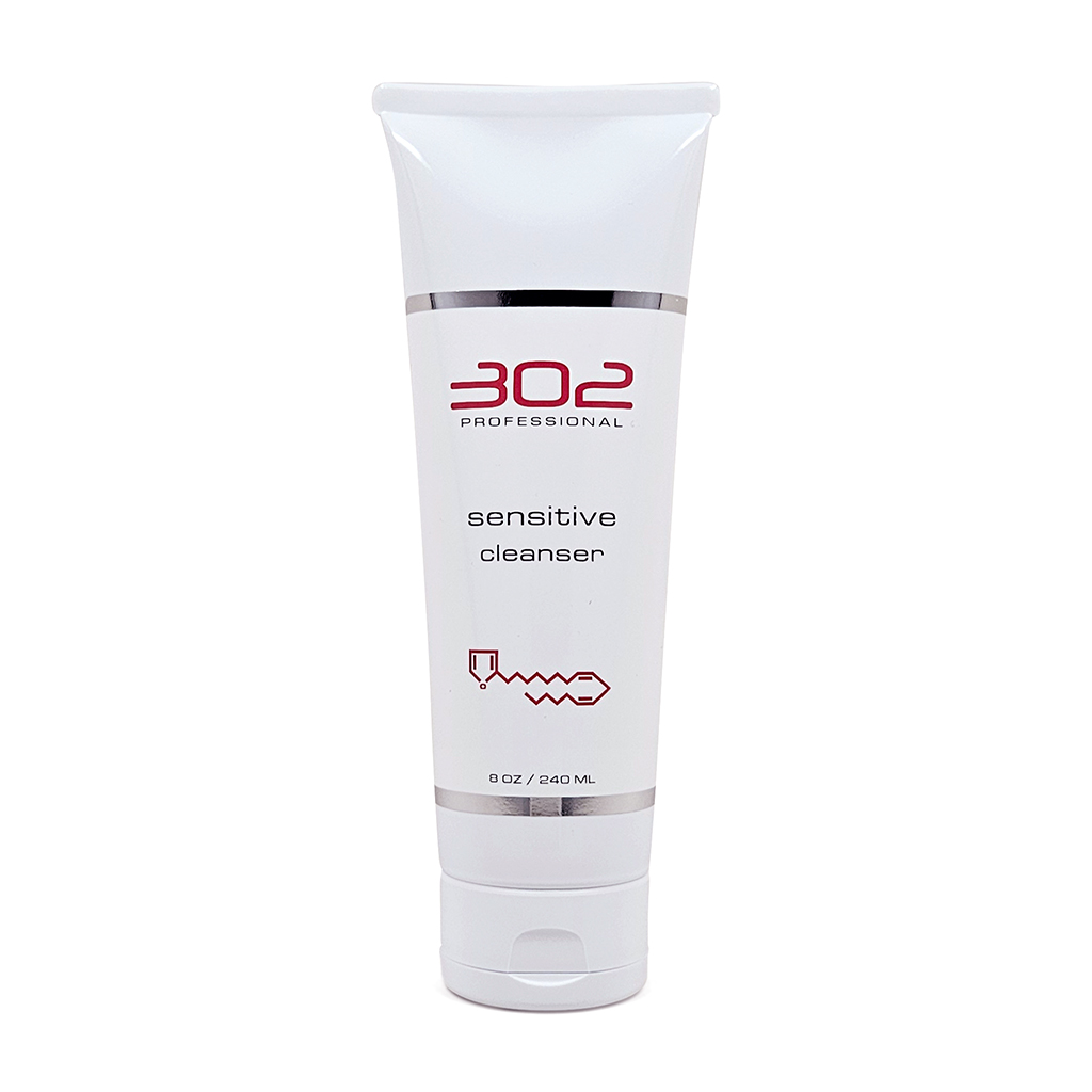 SENSITIVE-CLEANSER-8OZ_1024x1024_72 | 302 Professional Skincare Tube of 302 Professional Sensitive Cleanser, white with silver bands, stands upright against a white background