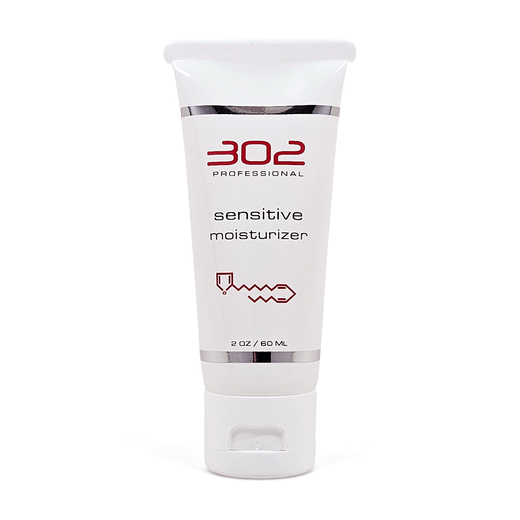 SENSITIVE-MOISTURIZER-2OZ_1024x1024_72 | 302 Professional Skincare White tube of 302 Professional sensitive moisturizer with a silver band and flip cap (2 oz / 60 ml).