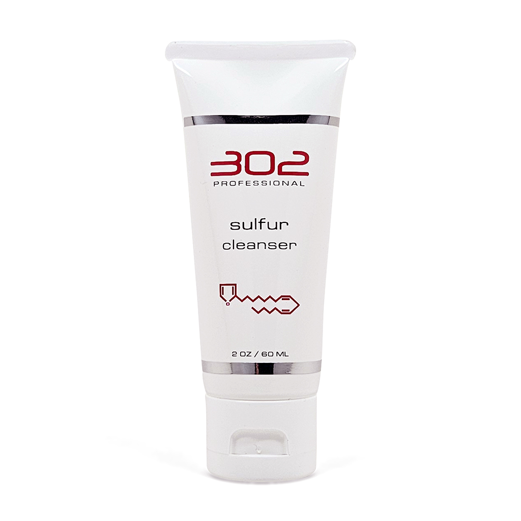 White tube labeled '302 Professional' sulfur cleanser with a red logo, standing upright with a white cap; text reads 'sulfur cleanser' and '2 oz / 60 ml'.