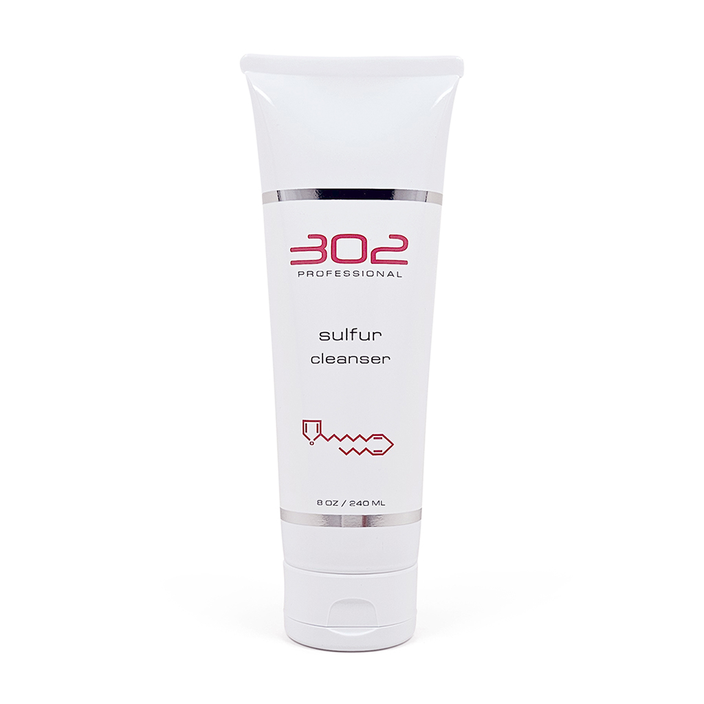Tube of 302 Professional sulfur cleanser with white packaging and silver accents, 8 oz (240 ml) labeled sulfur cleanser
