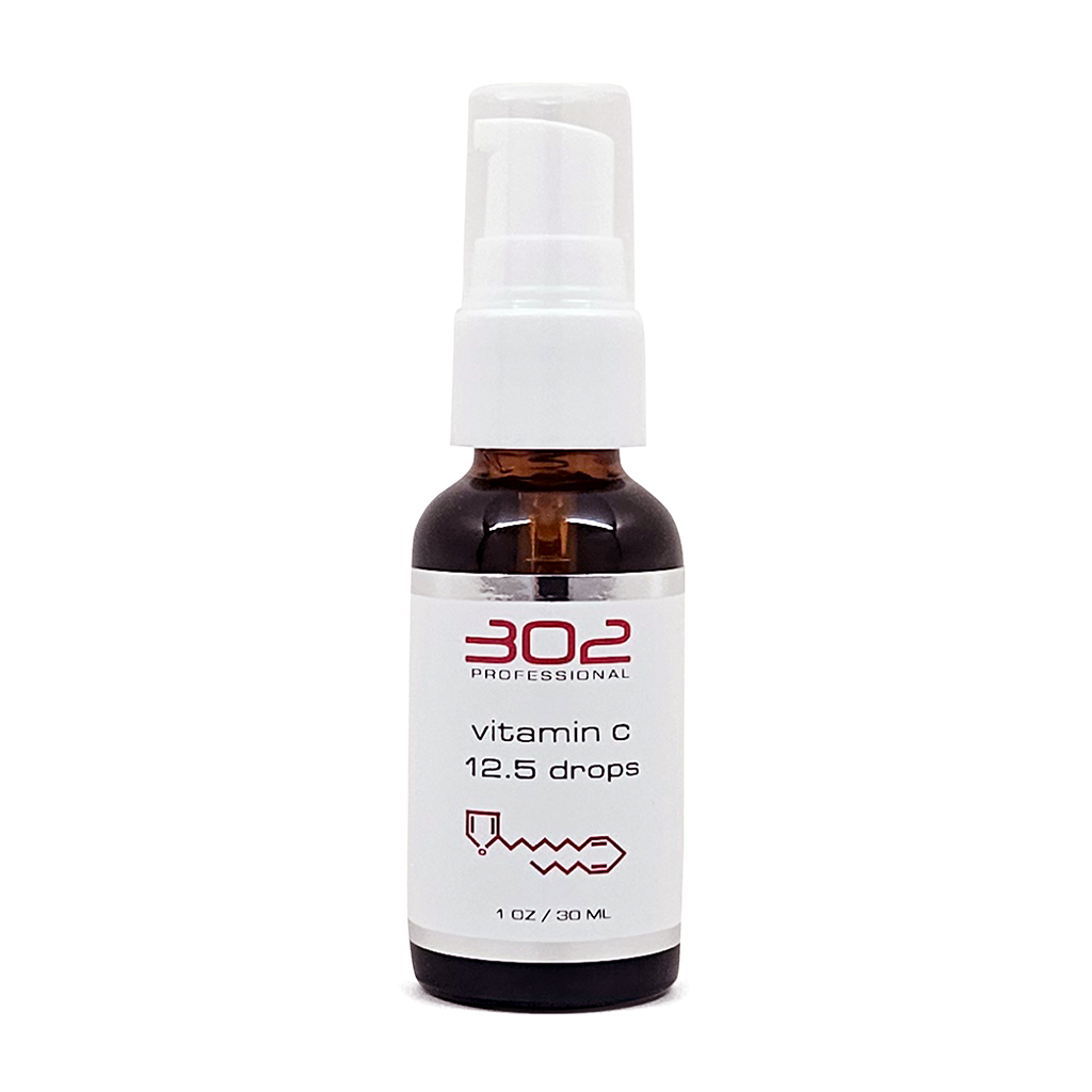 Brown glass spray bottle labeled '302 Professional' with vitamin C 12.5 drops, 1 oz (30 ml).